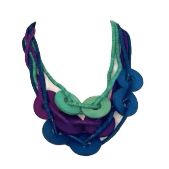 Vintage Chunky Beaded Necklace Purple Green Blue Wood Beads Multi-Strand - Picture 2 of 3